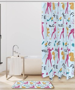 Playful Pink Deer and Squirrel Waterproof Fabric Shower Curtain for Kids Bathroom