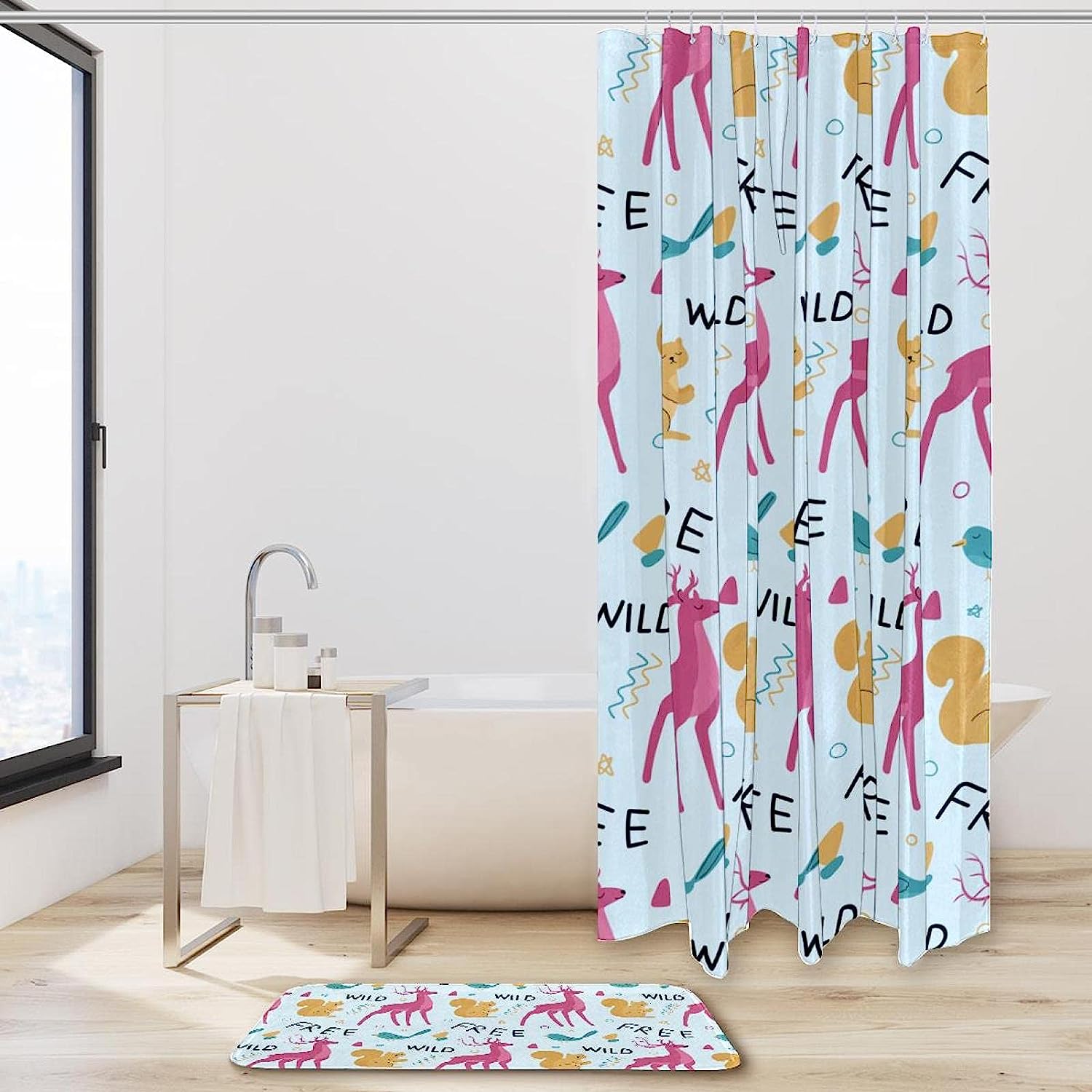 Playful Pink Deer and Squirrel Waterproof Fabric Shower Curtain for Kids Bathroom