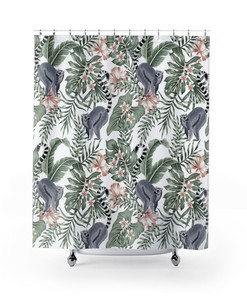 Playful Plumeria Tree Lemurs Printed Shower Curtain For Jungle Bathroom Decor