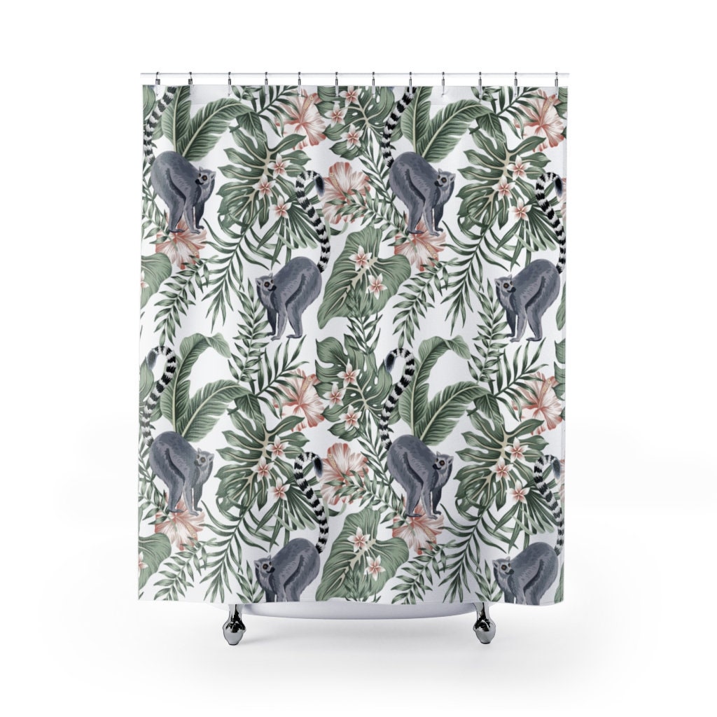 Playful Plumeria Tree Lemurs Printed Shower Curtain For Jungle Bathroom Decor
