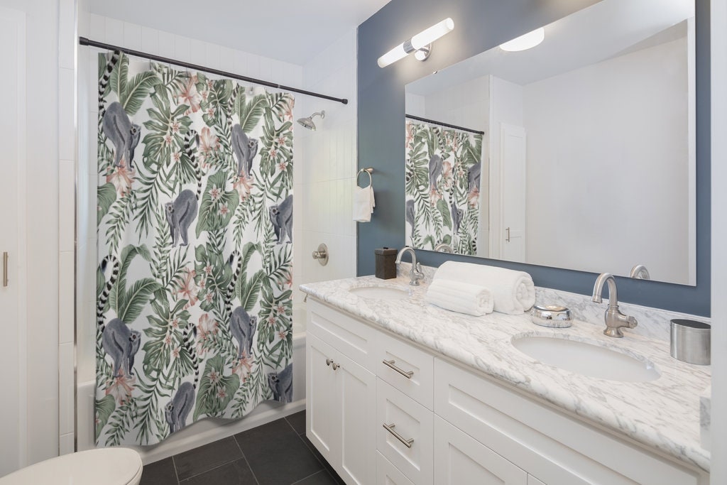 Playful Plumeria Tree Lemurs Printed Shower Curtain For Jungle Bathroom Decor