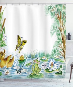 Playful Pond Animals Shower Curtain - Cloth Fabric Bathroom Decor In Green Brown