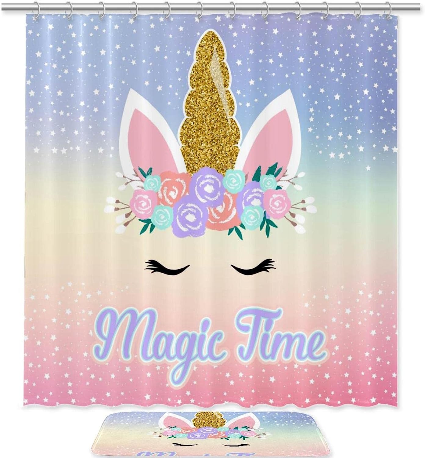Playful Rabbit and Unicorn Shower Curtain with Colorful Fabric Design for Kids Bathroom