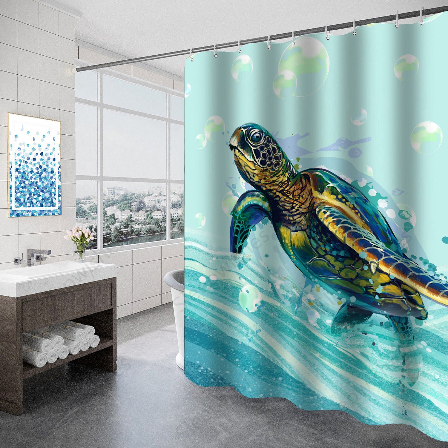 Playful Sea Turtle Animal Shower Curtain for Nautical Bathroom Decor