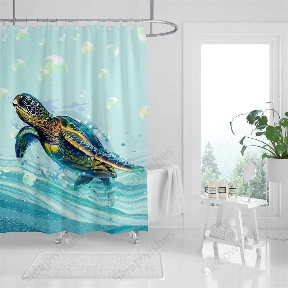 Playful Sea Turtle Animal Shower Curtain for Nautical Bathroom Decor