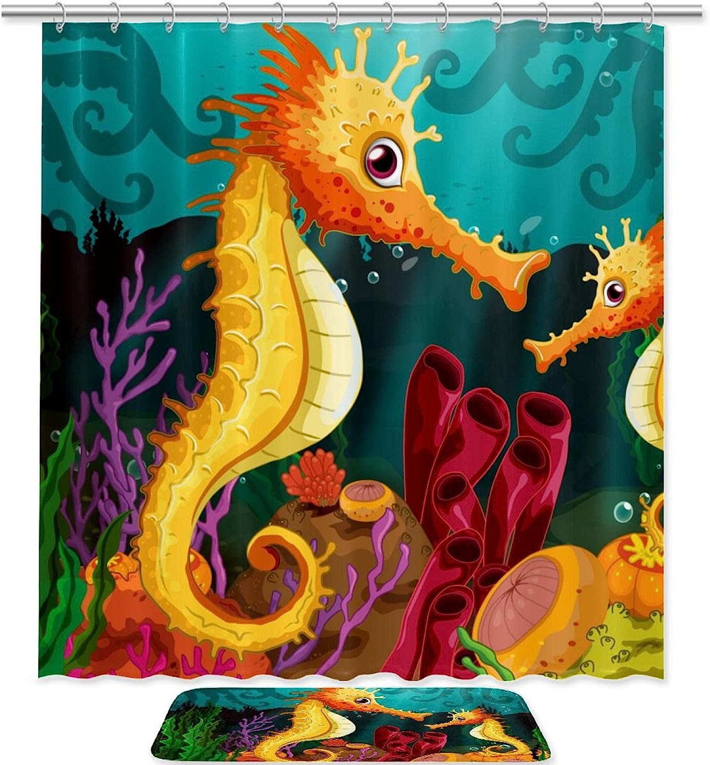 Playful Seahorses Shower Curtain For Underwater Adventure Bathroom Decor