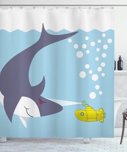 Playful Shark Bubbles Print on Yellow Submarine Shower Curtain for Kids Bathroom Decor