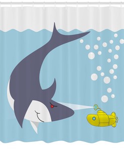 Playful Shark Bubbles Print on Yellow Submarine Shower Curtain for Kids Bathroom Decor