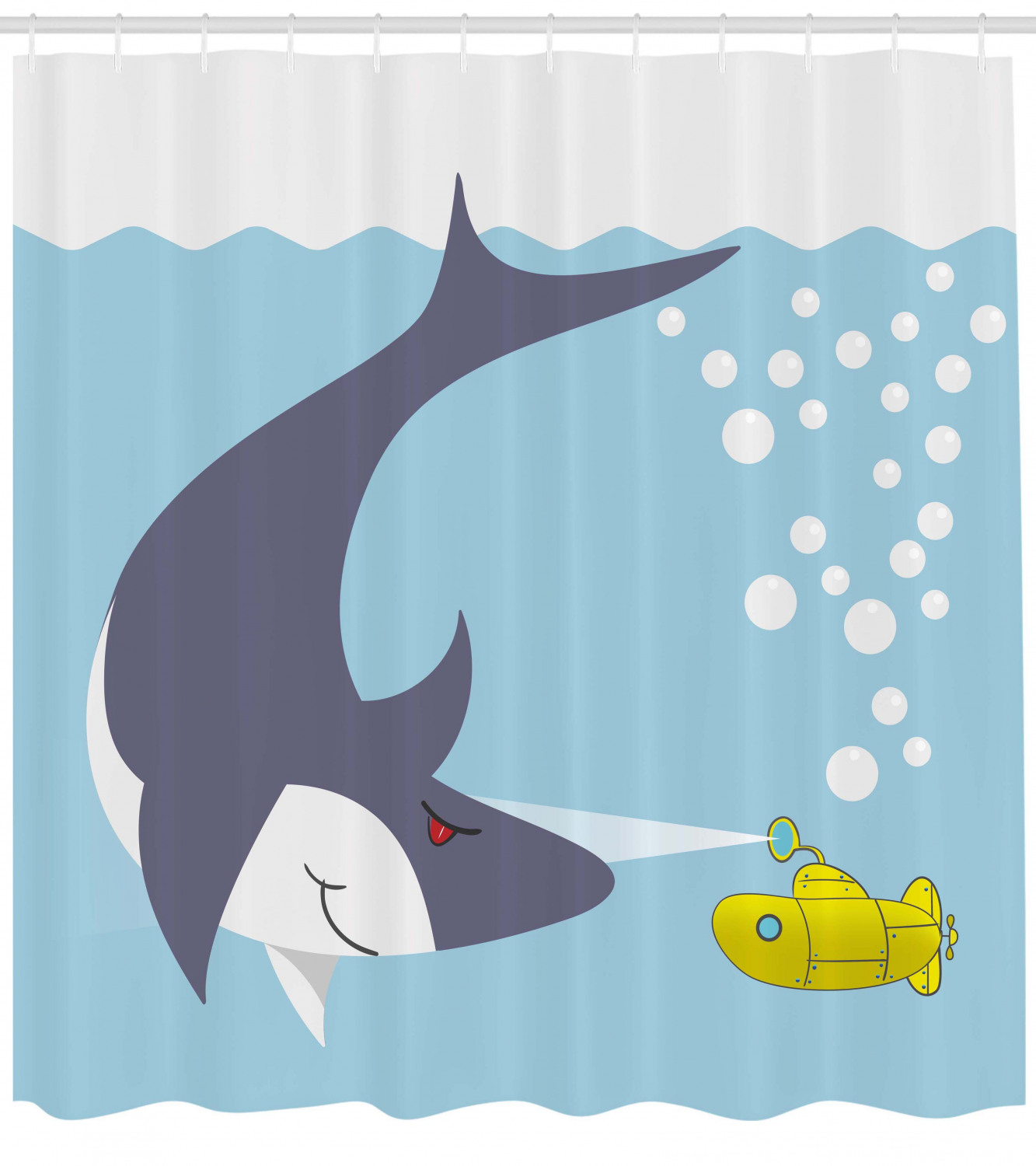 Playful Shark Bubbles Print on Yellow Submarine Shower Curtain for Kids Bathroom Decor