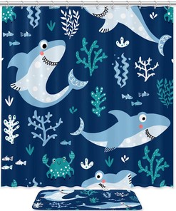 Playful Sharks And Fishes Print Waterproof Shower Curtain For Underwater Adventure Bathroom