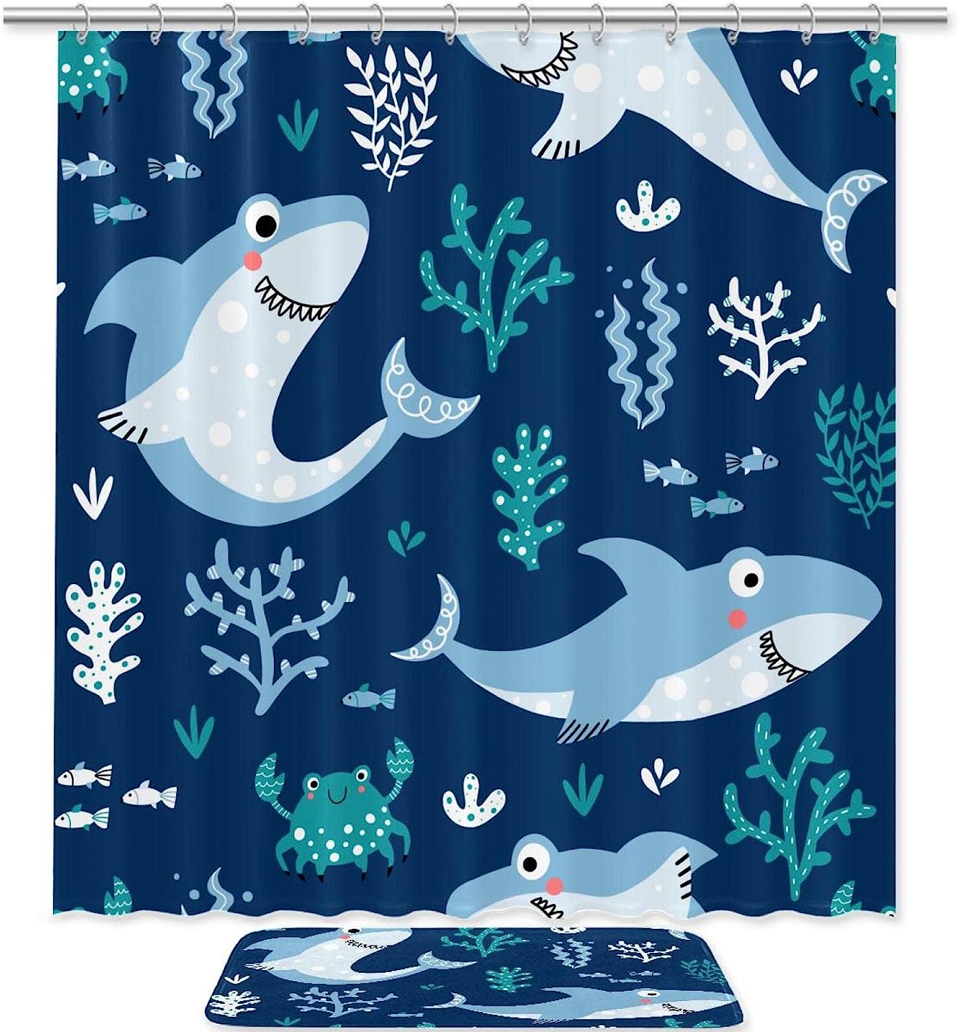 Playful Sharks And Fishes Print Waterproof Shower Curtain For Underwater Adventure Bathroom