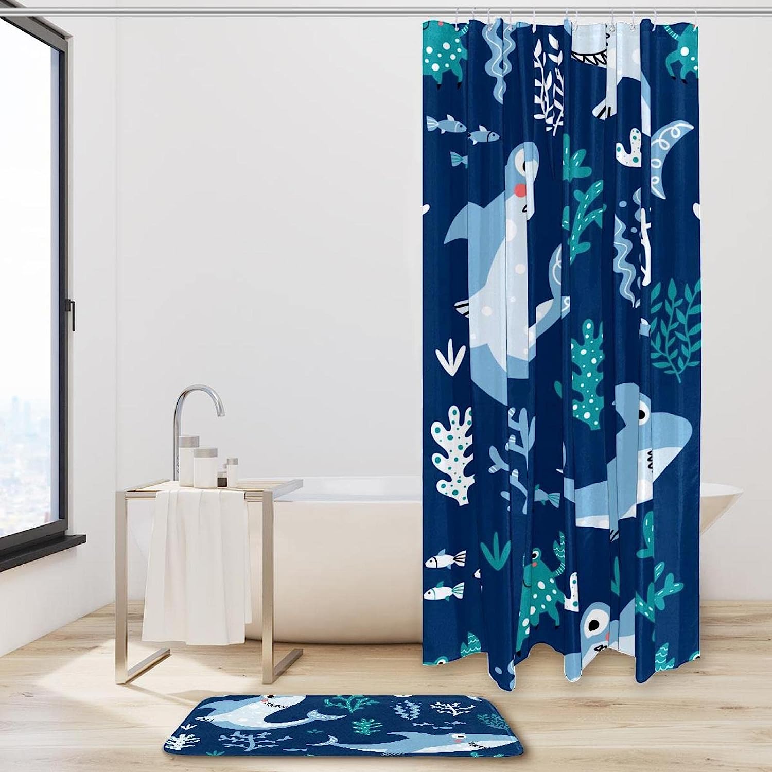 Playful Sharks And Fishes Print Waterproof Shower Curtain For Underwater Adventure Bathroom - Image 2