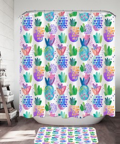 Playful Shower Curtain with Multi-Colored Pineapples and Leaves Print for a Tropical Look