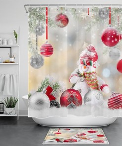 Playful Snowman and Snowflake Christmas Ball Print Shower Curtain Bathroom Decor