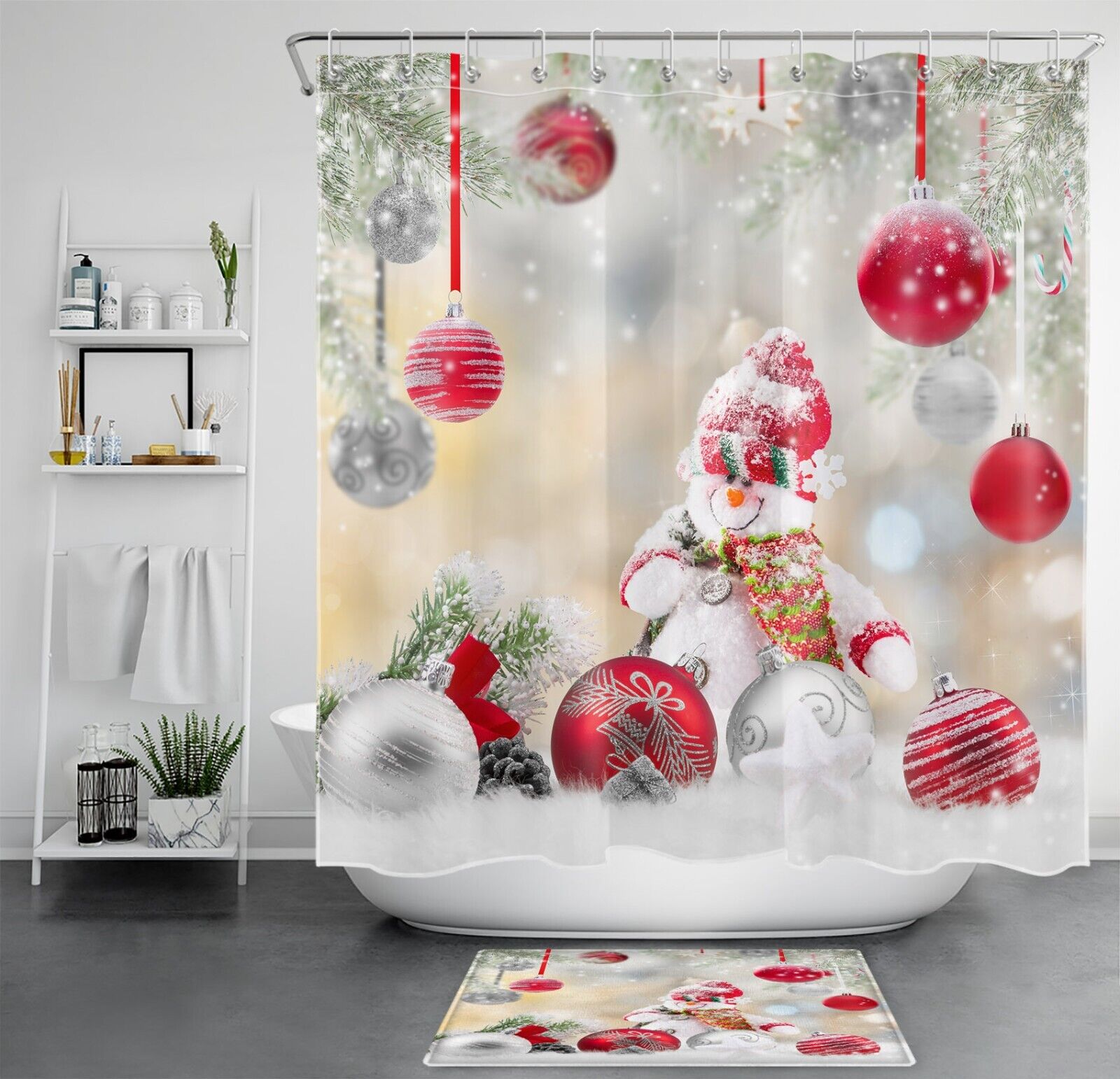 Playful Snowman and Snowflake Christmas Ball Print Shower Curtain Bathroom Decor
