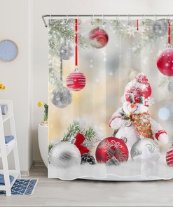 Playful Snowman and Snowflake Christmas Ball Print Shower Curtain Bathroom Decor