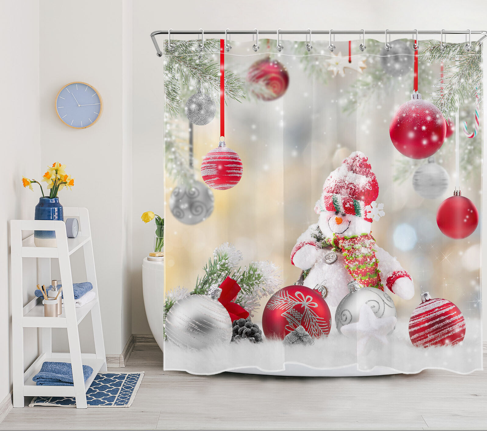 Playful Snowman and Snowflake Christmas Ball Print Shower Curtain Bathroom Decor