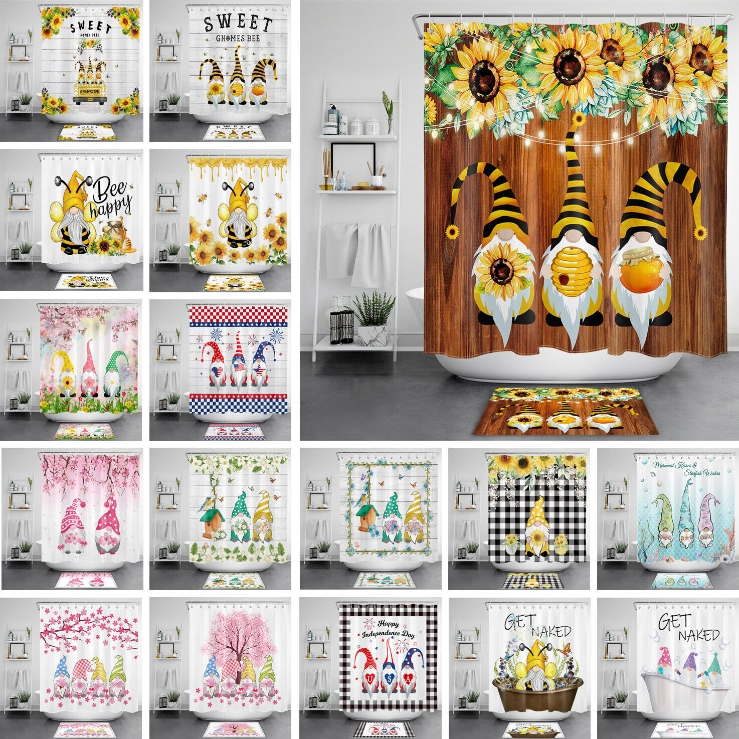 Playful Sunflower Gnome Fabric Shower Curtain with Cute Illustrations to Liven Up Your Bathroom Decor