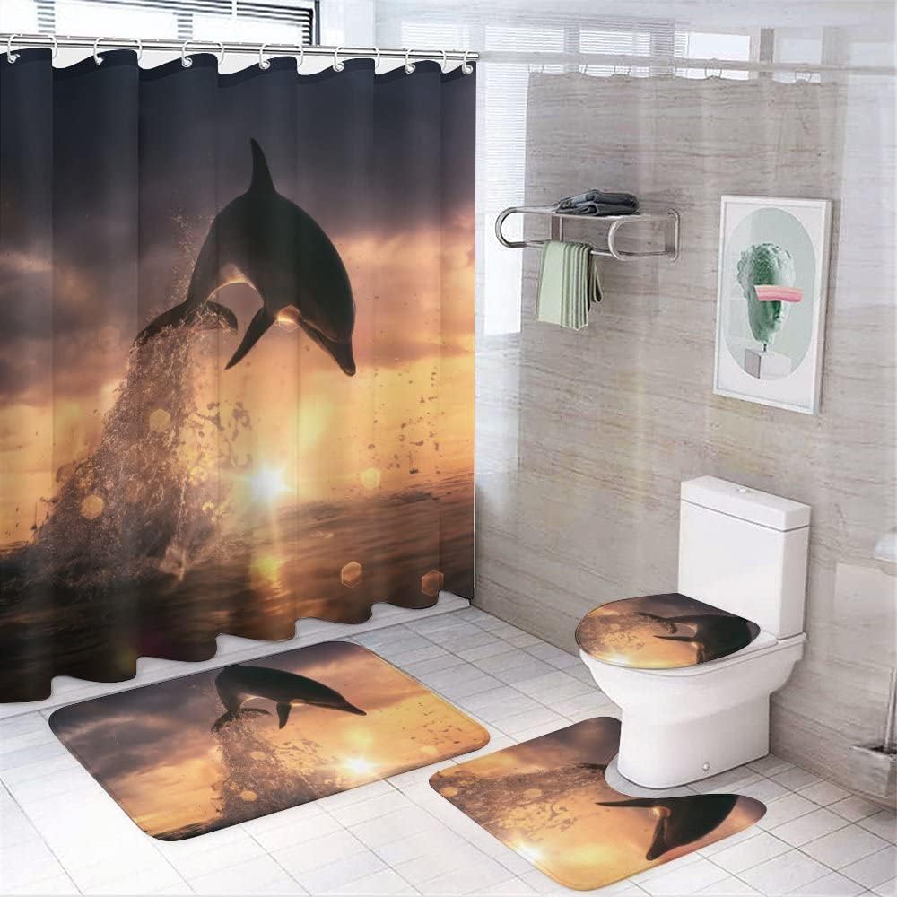 Playful Sunset Dolphin Shower Curtain, Waterproof Bathroom Decor by Vantaso