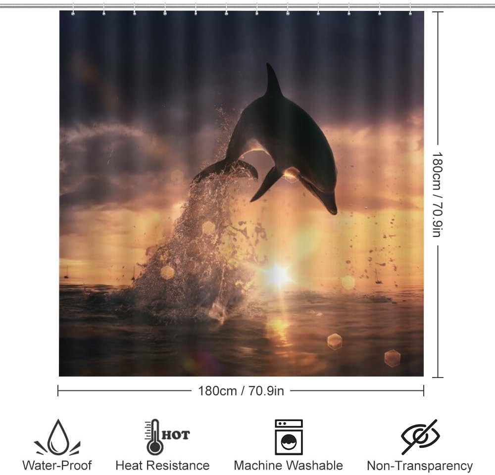 Playful Sunset Dolphin Shower Curtain, Waterproof Bathroom Decor by Vantaso