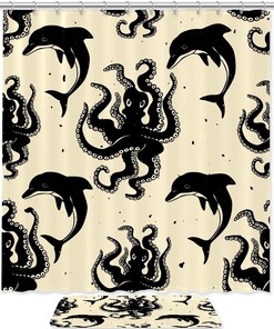 Playful Vintage Design With Octopus And Dolphins - Waterproof Shower Curtain