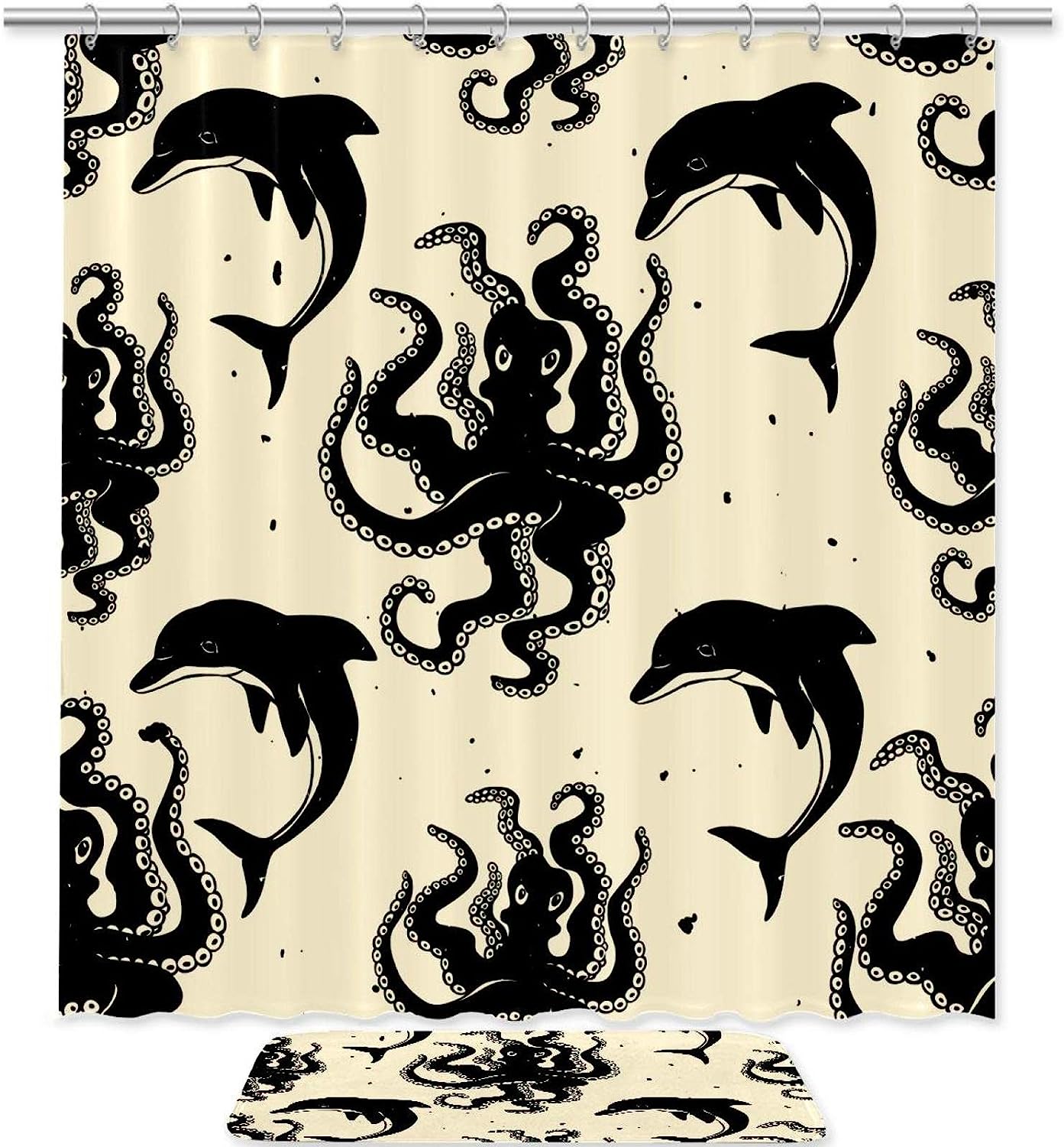 Playful Vintage Design With Octopus And Dolphins - Waterproof Shower Curtain