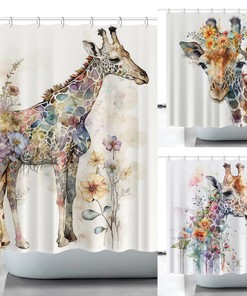 Playful Watercolor Animal Lover Shower Curtain with Giraffes Print