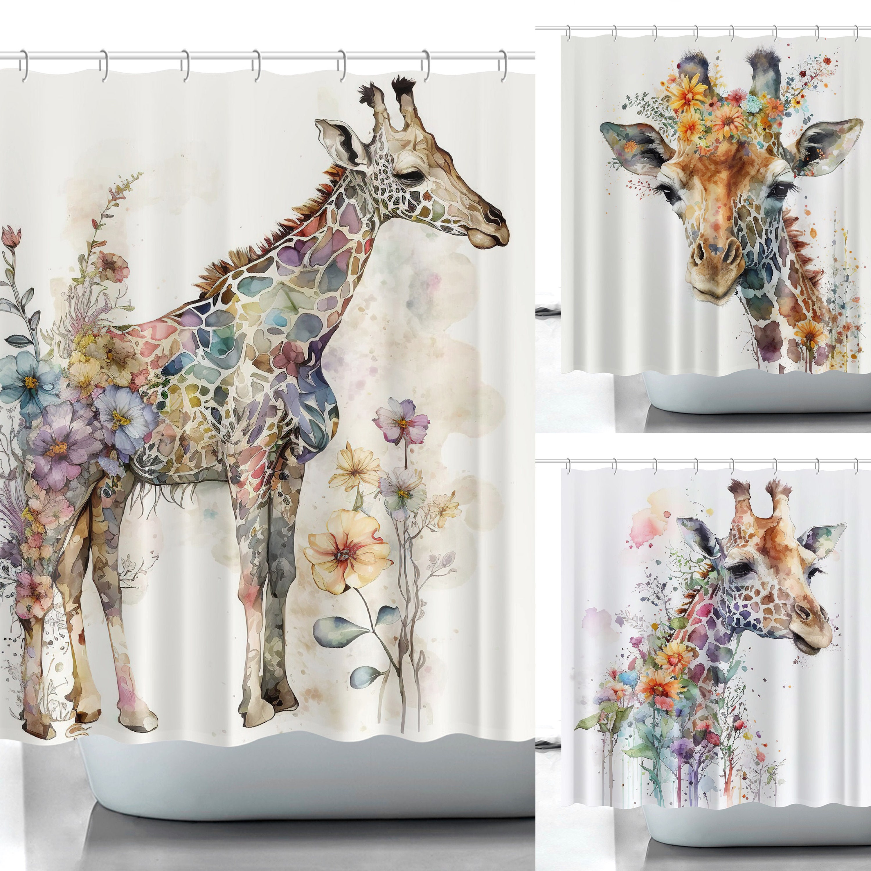 Playful Watercolor Animal Lover Shower Curtain with Giraffes Print