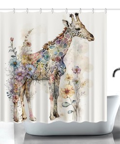 Playful Watercolor Animal Lover Shower Curtain with Giraffes Print