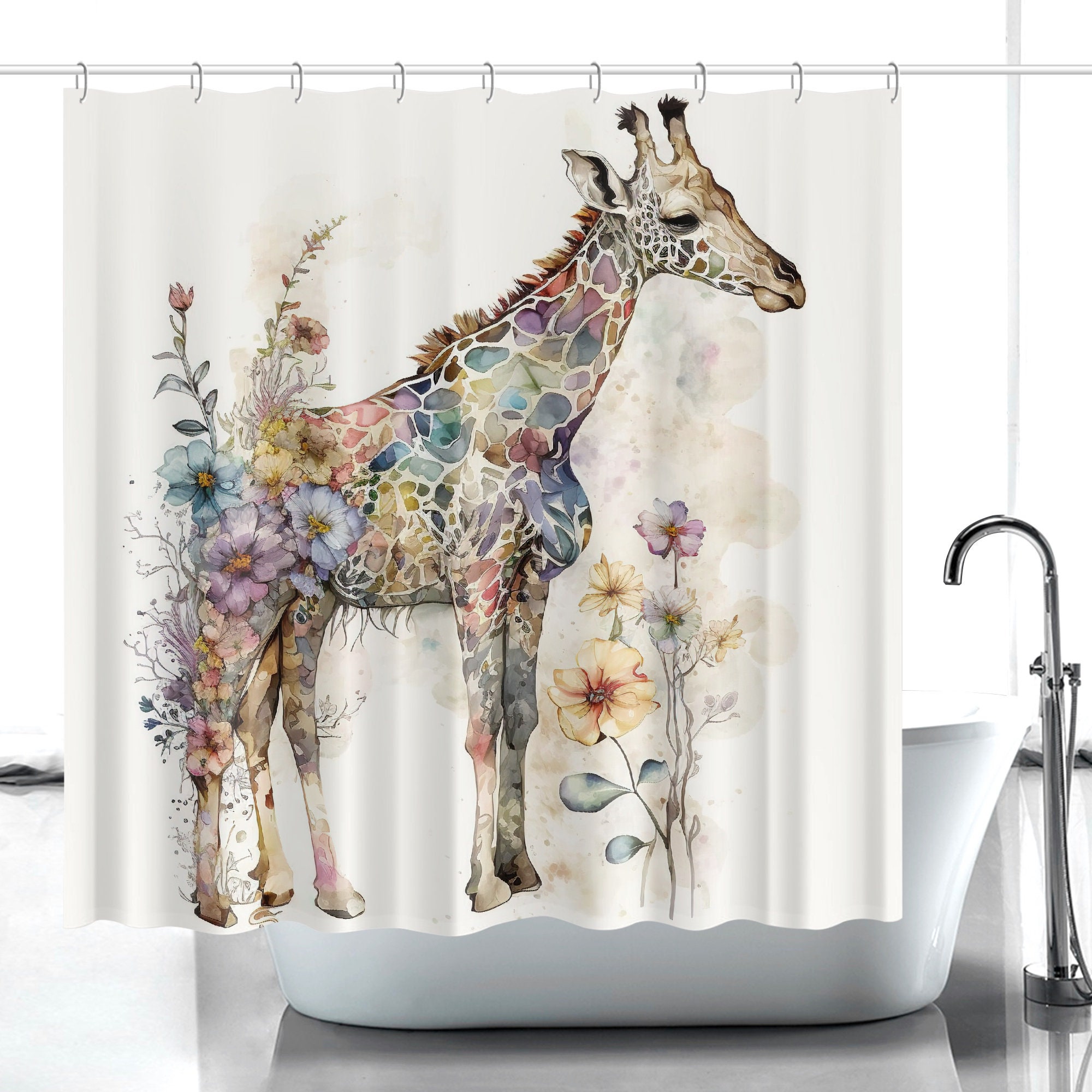 Playful Watercolor Animal Lover Shower Curtain with Giraffes Print