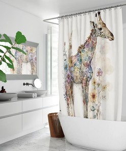 Playful Watercolor Animal Lover Shower Curtain with Giraffes Print