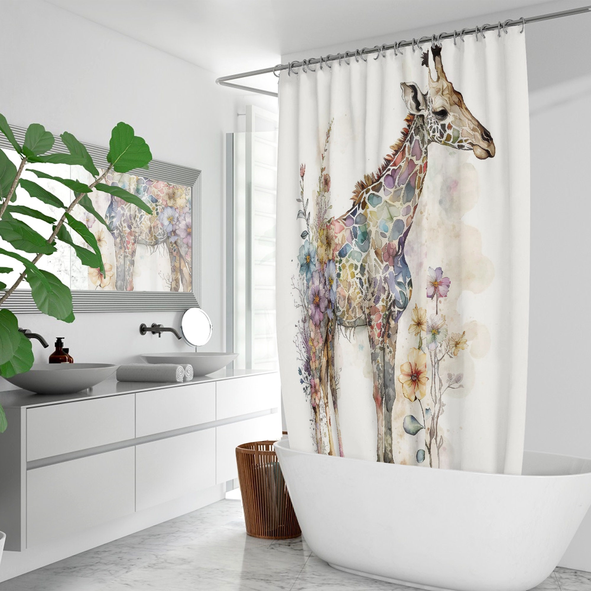 Playful Watercolor Animal Lover Shower Curtain with Giraffes Print
