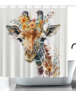 Playful Watercolor Animal Lover Shower Curtain with Giraffes Print