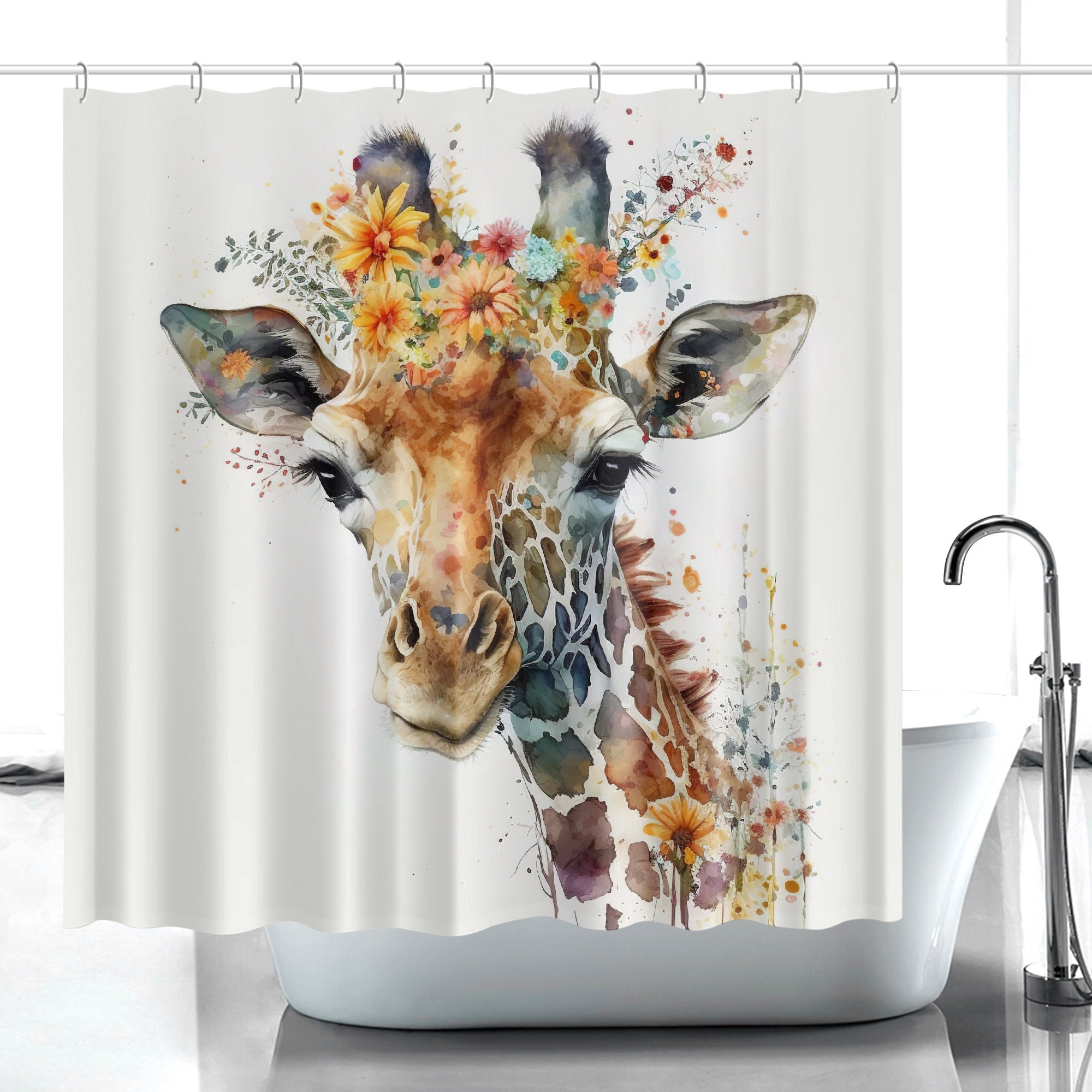 Playful Watercolor Animal Lover Shower Curtain with Giraffes Print