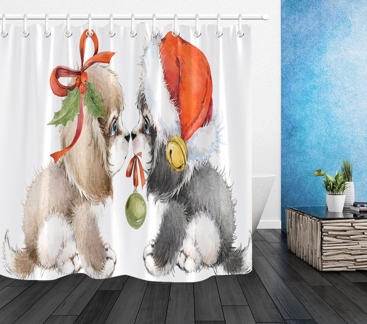 Playful Watercolor Christmas Penguins Shower Curtain for Your Whimsical Bathroom