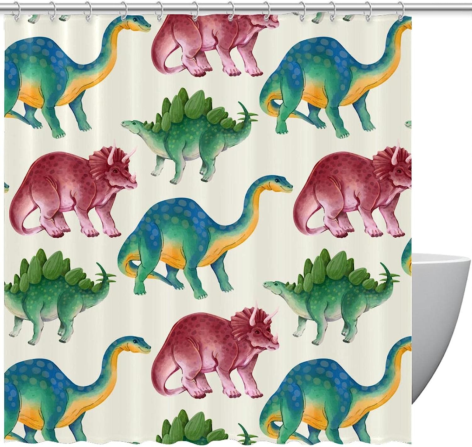 Playful Watercolor Dinosaur Pattern Shower Curtain for Kids' Bathrooms