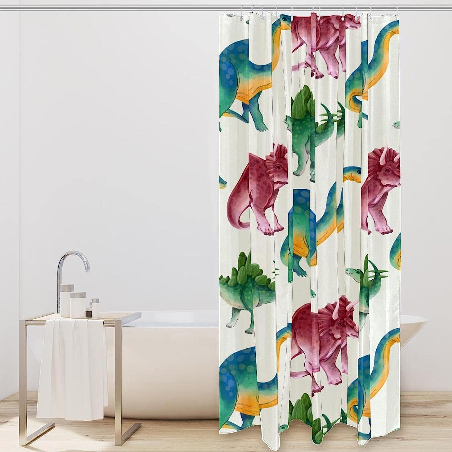 Playful Watercolor Dinosaur Pattern Shower Curtain for Kids' Bathrooms