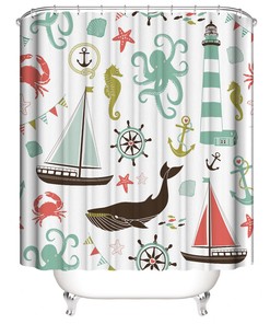 Playful Watercolor Ocean Animals Shower Curtain with Seahorse, Octopus and Whale Print 