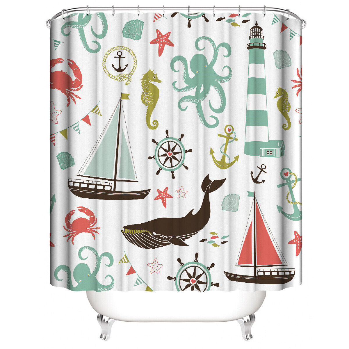 Playful Watercolor Ocean Animals Shower Curtain with Seahorse, Octopus and Whale Print