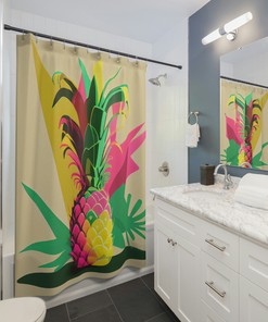 Playful and Sophisticated Pineapple Retro Charm Shower Curtain in Pink, Green, and Yellow Hues