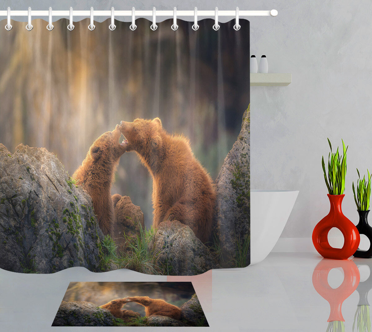 Playing Bear Baby Fabric Shower Curtain Set For Bathroom