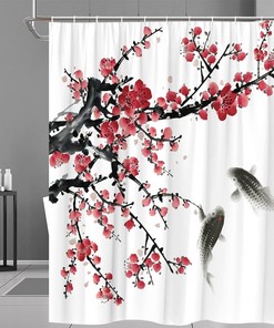 Plum Flower Blossom Shower Curtain, Asian Japanese Cherry Sakura Fish Oriental Aesthetic Art Bathroom Decor Fabric