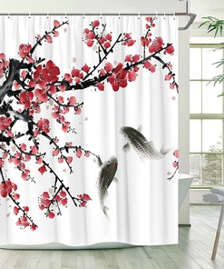 Plum Flower Blossom Shower Curtain, Asian Japanese Cherry Sakura Fish Oriental Aesthetic Art Bathroom Decor Fabric