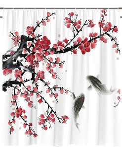 Plum Flower Blossom Shower Curtain, Asian Japanese Cherry Sakura Fish Oriental Aesthetic Art Bathroom Decor Fabric