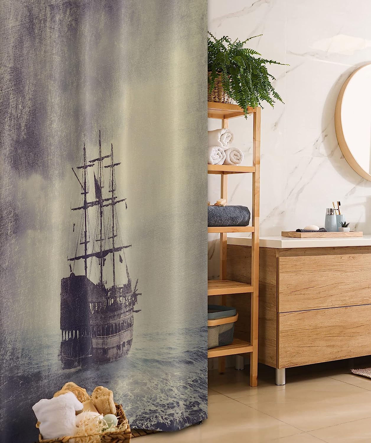 Plum Tan Old Pirate Ship Historical Cruise Retro Voyage Grunge Style Art Nautical Stall Shower Curtain