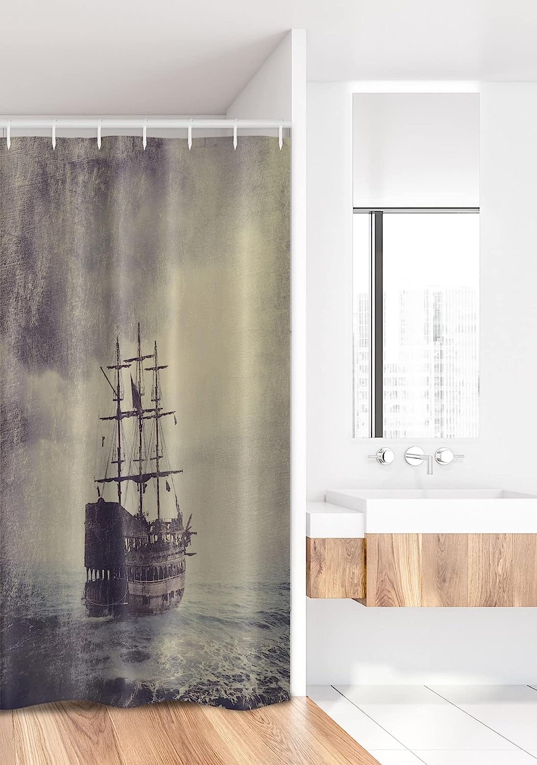 Plum Tan Old Pirate Ship Historical Cruise Retro Voyage Grunge Style Art Nautical Stall Shower Curtain - Image 2