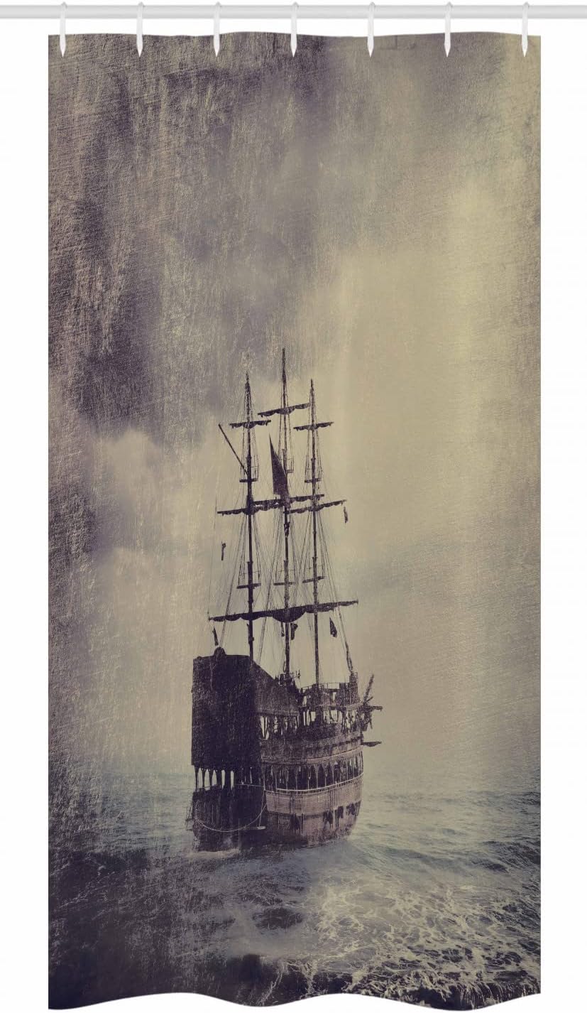 Plum Tan Old Pirate Ship Historical Cruise Retro Voyage Grunge Style Art Nautical Stall Shower Curtain - Image 3