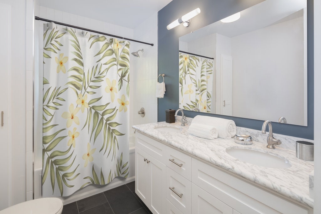 Plumeria Shower Curtain with Botanical Print for Fresh Summer Vibes