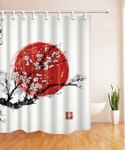 Plum-themed Red Sun Fabric Shower Curtain for Asian-inspired Bathroom Decor