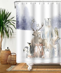 Polar Animals Shower Curtain, Winter Wildlife Kids Bathroom Decor